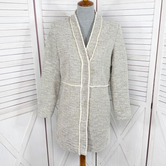 H&M Fringed Tweed Long Line Blazer Jacket Tan 10 - Picture 3 of 16